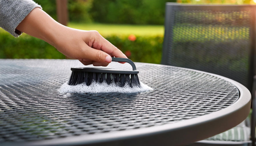 Soapy Brush Cleaning Metal Outdoor Furniture